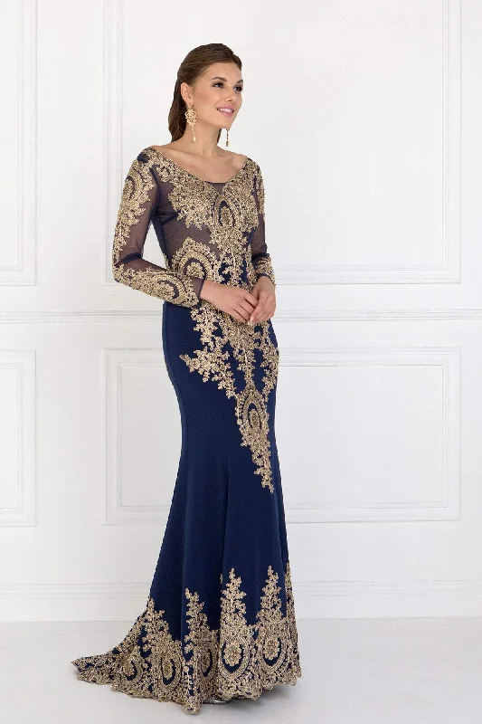 Formal dresses with fringe - trimmed sleeves and wrap - around styles for a bohemian - inspired formal eventElizabeth K - GL1597 Illusion Long Sleeve Gilded Lace Sheath Gown Formal dresses with fringe - trimmed sleeves and wrap - around styles for a bohemian - inspired formal eventElizabeth K - GL1597 Illusion Long Sleeve Gilded Lace Sheath Gown