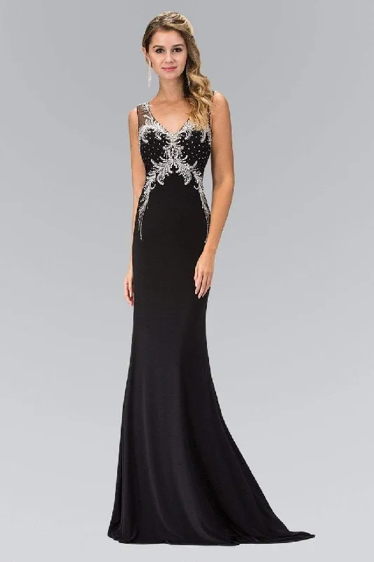 Formal dresses with ruched back panels and button - down fronts for a unique and flattering fitElizabeth K - GL1358 Jewel-Accented V-Neck Gown Formal dresses with ruched back panels and button - down fronts for a unique and flattering fitElizabeth K - GL1358 Jewel-Accented V-Neck Gown