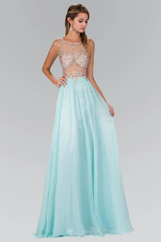 Prom dresses with geometric - cutout sleeves and flowing chiffon fabrics for a modern and airy lookElizabeth K - GL2093 Sheer Crystal-Crusted A-Line Gown Prom dresses with geometric - cutout sleeves and flowing chiffon fabrics for a modern and airy lookElizabeth K - GL2093 Sheer Crystal-Crusted A-Line Gown