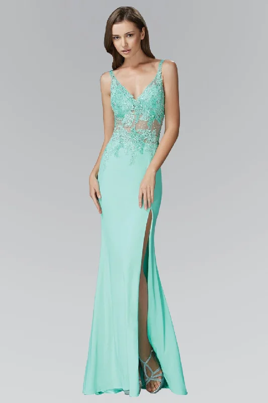 Prom dresses with cold - shoulder cutouts and satin bows for a trendy lookElizabeth K - GL2052 Sheer Lace Applique Sheath Gown Prom dresses with cold - shoulder cutouts and satin bows for a trendy lookElizabeth K - GL2052 Sheer Lace Applique Sheath Gown