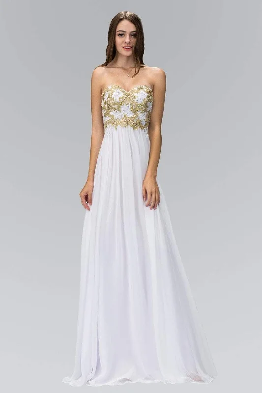 Sheath formal dresses with metallic thread detailing for a modern promElizabeth K - GL2050 Strapless Beaded Floral Applique Gown Sheath formal dresses with metallic thread detailing for a modern promElizabeth K - GL2050 Strapless Beaded Floral Applique Gown