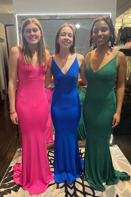 Prom dresses with tiered lace skirts and off - the - shoulder necklines for a feminine and elegant formal affairGlitter Fuchsia Mermaid Backless Long Prom Dress With Sequins
