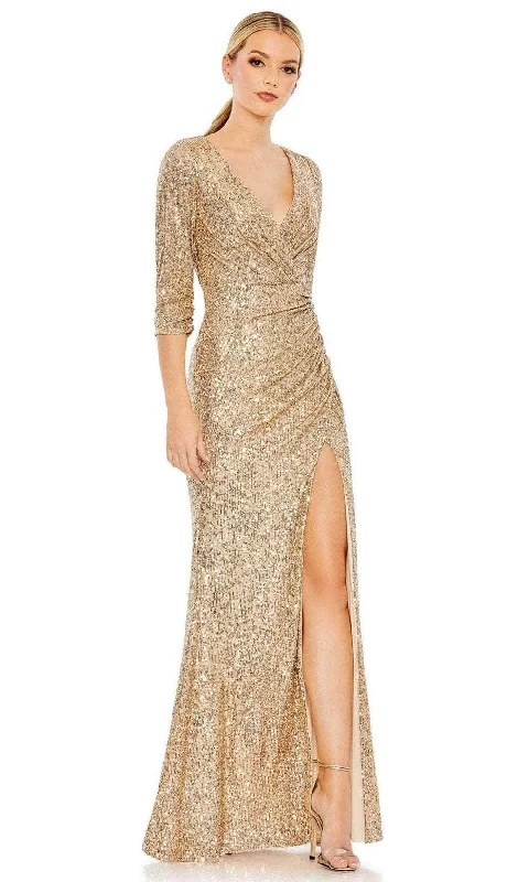 Prom dresses with one - shoulder ruffled straps and geometric patterns for a contemporary and eye - catching formal eventIeena Duggal 42015 - Quarter Sleeve Sequin Evening Dress