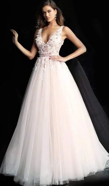 Formal dresses with off - the - shoulder sleeves and rhinestone accents for a sophisticated promJovani - Floral Embellished Plunging V-Neck Pleated Ballgown 61109SC