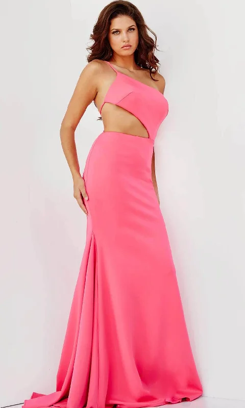 Mermaid - cut formal dresses in satin for a glamorous prom nightJVN by Jovani JVN000273 - One Shoulder Cutout Prom Dress