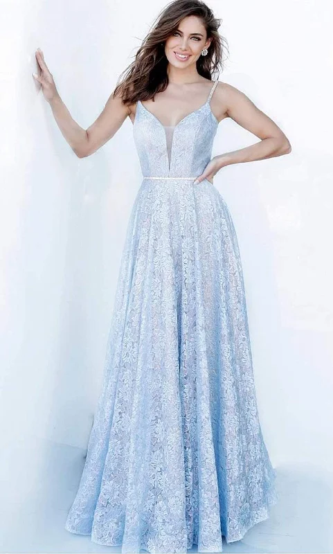 Formal dresses with asymmetric ruffled hems and high - low designs for a fashion - forward and dynamic appearanceJVN by Jovani - JVN03111 Illusion Deep V-Neck Sleeveless A-Line Lace Gown