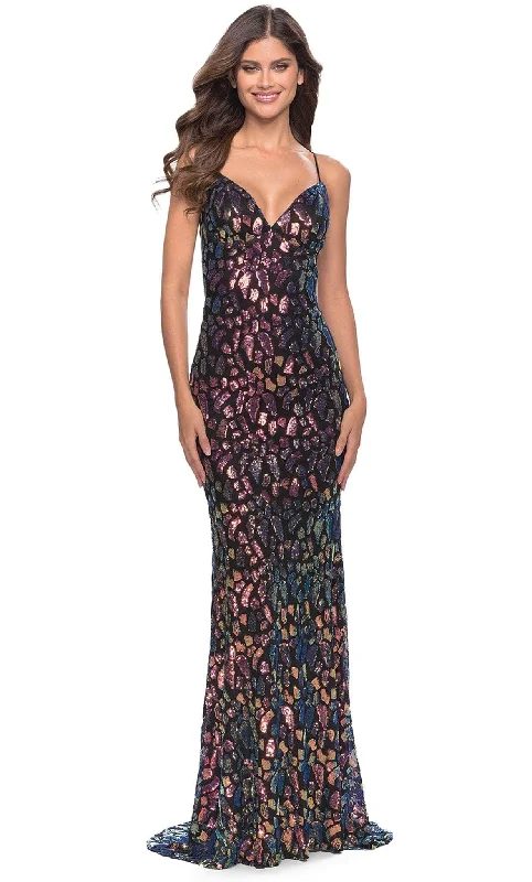 Sleeveless formal dresses with sequined straps and a - line skirts for a classic formal eventLa Femme 31206 - Patchwork Embellished Sheath Gown Sleeveless formal dresses with sequined straps and a - line skirts for a classic formal eventLa Femme 31206 - Patchwork Embellished Sheath Gown