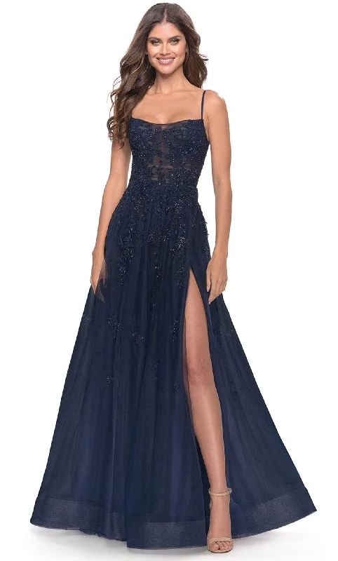Prom dresses with geometric - cutout sleeves and flowing chiffon fabrics for a modern and airy lookLa Femme 31381 - Lace-Up Open Back Beaded Tulle Gown