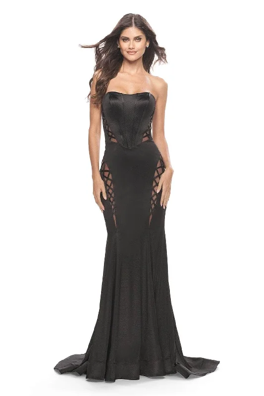 Ball - gown style formal dresses with sequined bodices for promLa Femme - 31601 Illusion Cutout Strapless Gown