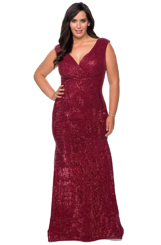 Formal dresses with tassel - adorned belts and tiered skirts for a stylish and festive formal eventLa Femme - Sequined Faux Wrap Gown 28962SC