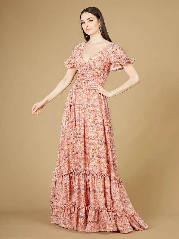 Party dresses with a lace overlay for a feminine touchLara Dresses 29273 Long Short Sleeve Print Gown Party dresses with a lace overlay for a feminine touchLara Dresses 29273 Long Short Sleeve Print Gown