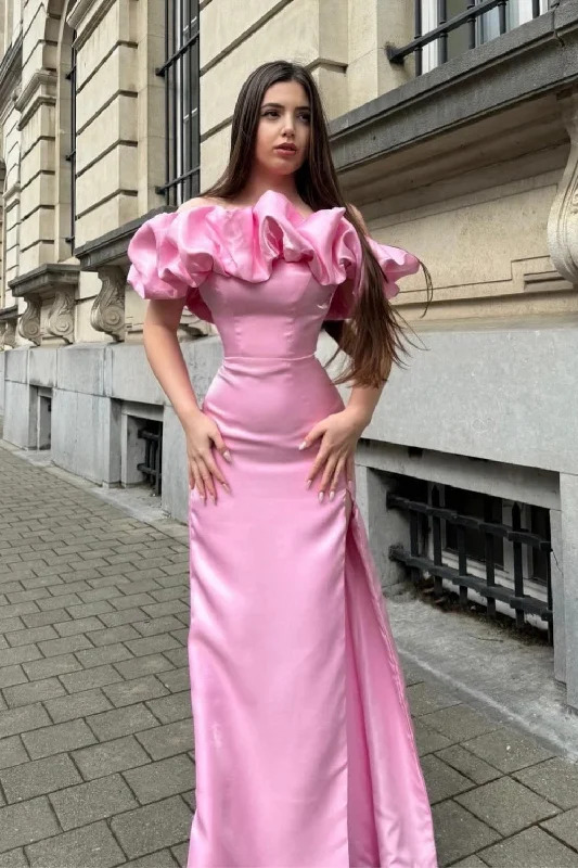 Formal dresses with cold - shoulder ruffled sleeves and floral prints for a romantic and trendy formal styleMermaid Off the Shoulder Pink Prom Dress with Split Front Formal dresses with cold - shoulder ruffled sleeves and floral prints for a romantic and trendy formal styleMermaid Off the Shoulder Pink Prom Dress with Split Front
