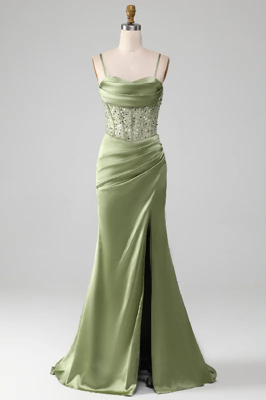 Formal dresses with geometric patterns and metallic accents for a modern formal affairMermaid Spaghetti Straps Sage Corset Prom Dress with Split Front Formal dresses with geometric patterns and metallic accents for a modern formal affairMermaid Spaghetti Straps Sage Corset Prom Dress with Split Front