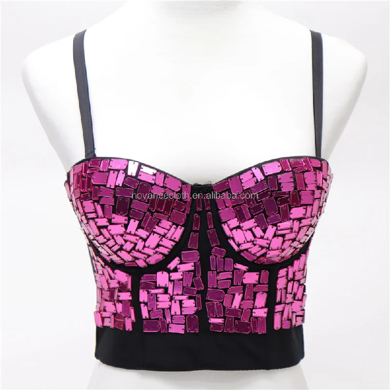 Formal dresses with one - shoulder ruffled straps and sequined bodices for a trendy and eye - catching lookNOVANCE hot items 2022 hot sling sparking pink sequins sexy women vest under wear fishbone Prom sexy women bra outwear