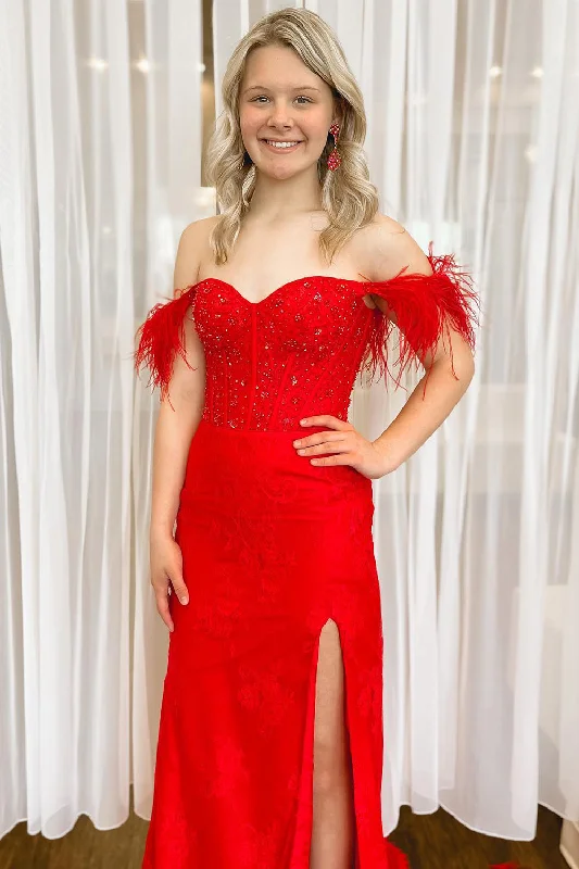 Party dresses with a criss - cross back design for a stylish detailOff the Shoulder Red Corset Prom Dress with Slit Party dresses with a criss - cross back design for a stylish detailOff the Shoulder Red Corset Prom Dress with Slit