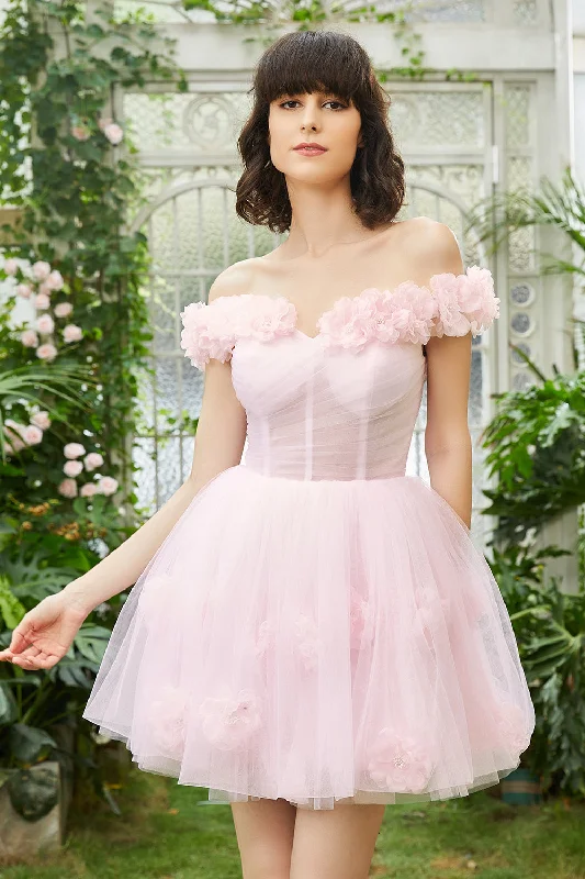 Long - length party dresses with a high - low hem for a trendy stylePink Off the Shoulder Corset Short Prom Dress With Flowers Long - length party dresses with a high - low hem for a trendy stylePink Off the Shoulder Corset Short Prom Dress With Flowers