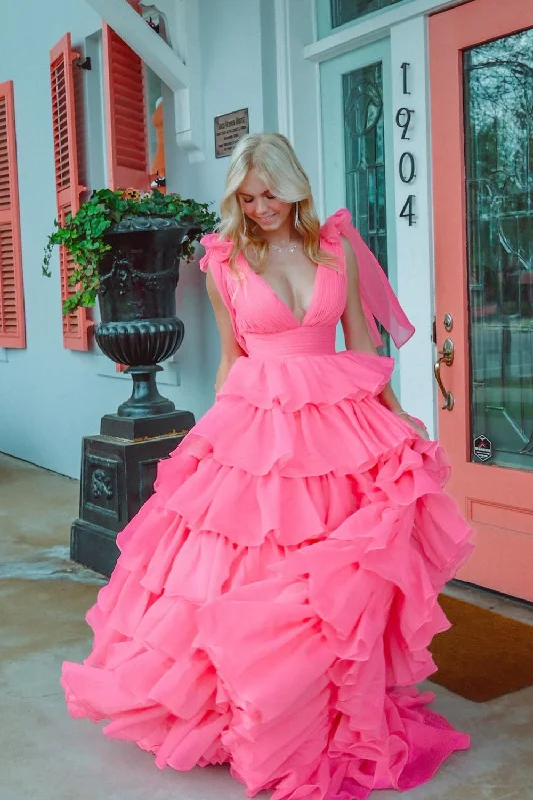 Formal dresses with pleated yokes and button - up fronts for a classic and refined lookPrincess A-Line V-Neck Fuchsia Prom Dress With Slit Formal dresses with pleated yokes and button - up fronts for a classic and refined lookPrincess A-Line V-Neck Fuchsia Prom Dress With Slit