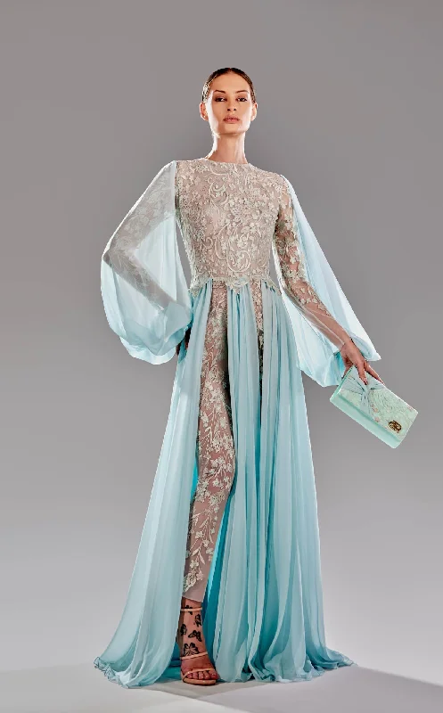 Prom dresses with tiered ruffled sleeves and satin skirts for a feminine and voluminous lookReverie Couture SS2489 Dress Prom dresses with tiered ruffled sleeves and satin skirts for a feminine and voluminous lookReverie Couture SS2489 Dress