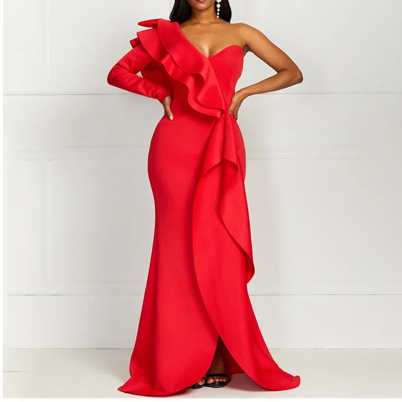 Prom dresses with cold - shoulder cutouts and satin bows for a trendy lookSexy One Shoulder Backless Asymmetrical Red Maxi Women Evening Dresses
