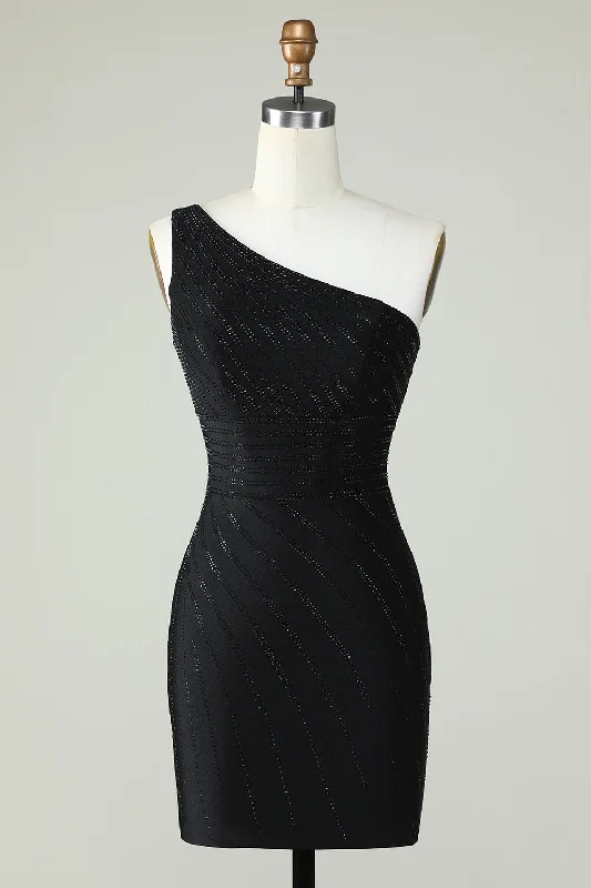 80s - inspired party dresses with bold colors and big shouldersSheath One Shoulder Black Short Prom Dress with Beading 80s - inspired party dresses with bold colors and big shouldersSheath One Shoulder Black Short Prom Dress with Beading