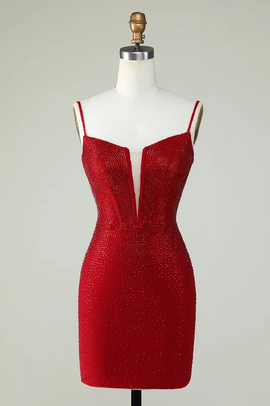 Party dresses with a pom - pom trim for a fun and festive touchSheath Spaghetti Straps Red Short Prom Dress with Beading Party dresses with a pom - pom trim for a fun and festive touchSheath Spaghetti Straps Red Short Prom Dress with Beading