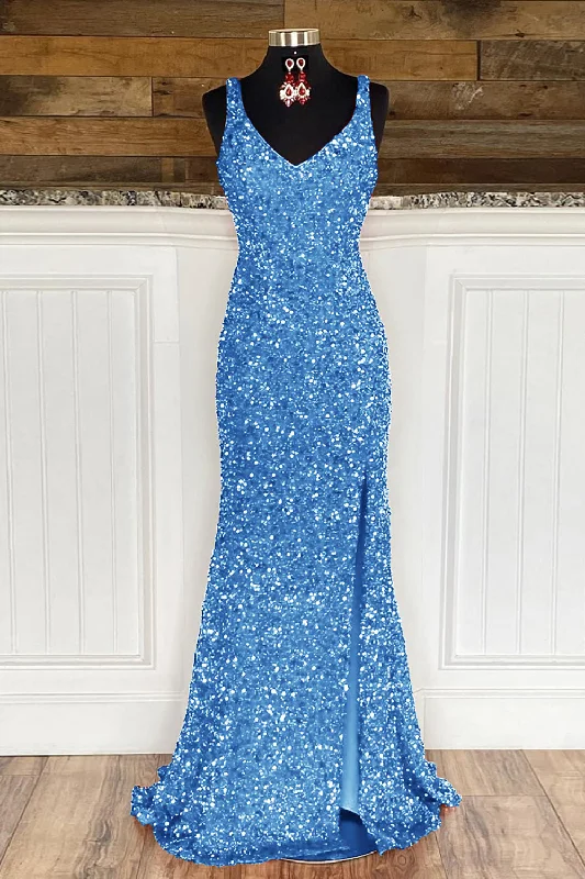 Formal dresses with pleated yokes and button - up fronts for a classic and refined lookSheath Spaghetti Straps Sky Blue Sequins Prom Dress with Split Front