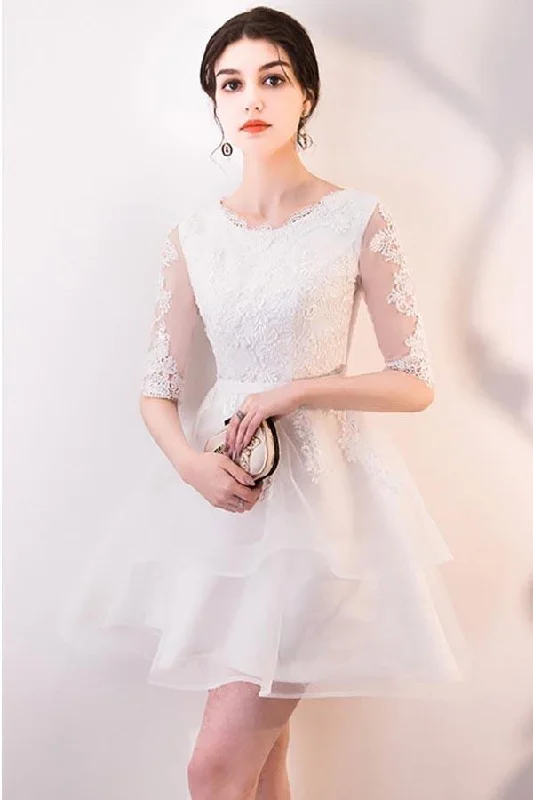 Fairy - themed party dresses with wings and glitter for a magical lookShort White Lace Ruffled Party Dress Homecoming Dresses With Half Sleeves PD063 Fairy - themed party dresses with wings and glitter for a magical lookShort White Lace Ruffled Party Dress Homecoming Dresses With Half Sleeves PD063