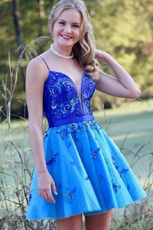 Party dresses with a fringed detail for a fun and dynamic styleSpaghetti Straps Low Cut Blue Homecoming Dress with Appliques Beading PD198 Party dresses with a fringed detail for a fun and dynamic styleSpaghetti Straps Low Cut Blue Homecoming Dress with Appliques Beading PD198