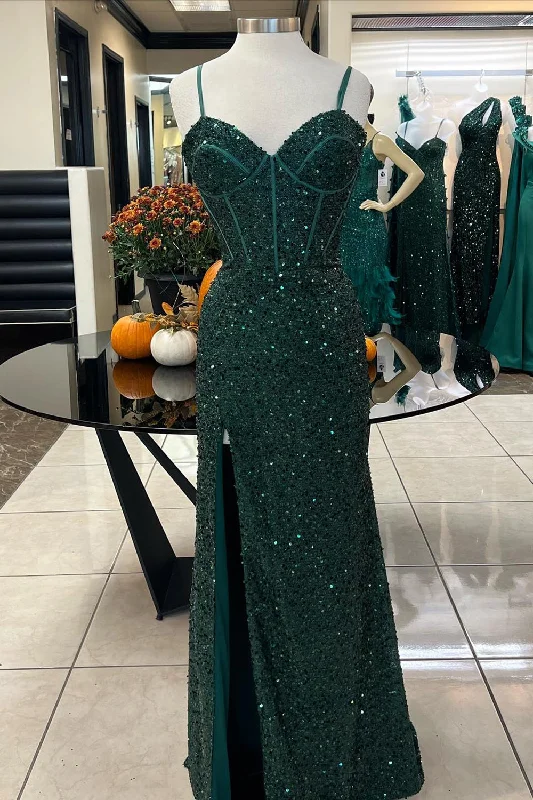 Prom dresses with cold - shoulder cutouts and satin bows for a trendy lookSparkly Dark Green Corset Mermaid Long Prom Dress with Slit Prom dresses with cold - shoulder cutouts and satin bows for a trendy lookSparkly Dark Green Corset Mermaid Long Prom Dress with Slit