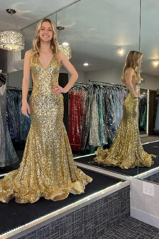 Long - sleeved formal dresses in velvet for a winter formal eventSparkly Golden Sequins V Neck Mermaid Long Prom Dress Long - sleeved formal dresses in velvet for a winter formal eventSparkly Golden Sequins V Neck Mermaid Long Prom Dress