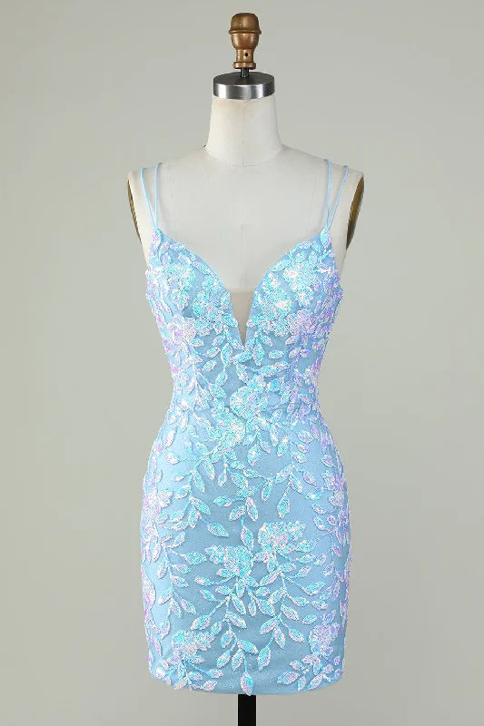 Party dresses with a fringed detail for a fun and dynamic styleSparkly Lace-Up Back Light Blue Short Prom Dress Party dresses with a fringed detail for a fun and dynamic styleSparkly Lace-Up Back Light Blue Short Prom Dress