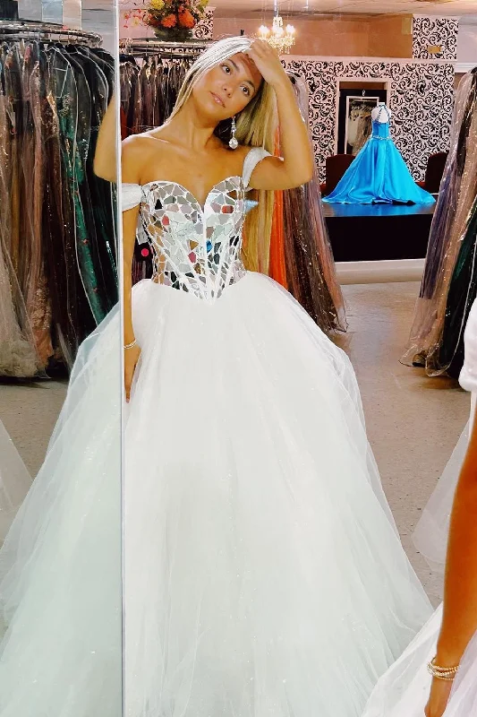 Formal dresses with tiered lace skirts and off - the - shoulder necklines for a feminine and elegant formal appearanceSparkly White Corset Tulle Long Prom Dress