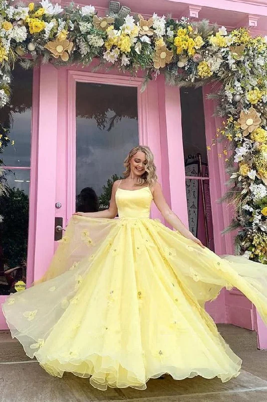 80s - inspired party dresses with bold colors and big shouldersStraps Tulle Bodice 3D Flowers With Back Lace Up Yellow Long Prom Dress PSK198 80s - inspired party dresses with bold colors and big shouldersStraps Tulle Bodice 3D Flowers With Back Lace Up Yellow Long Prom Dress PSK198