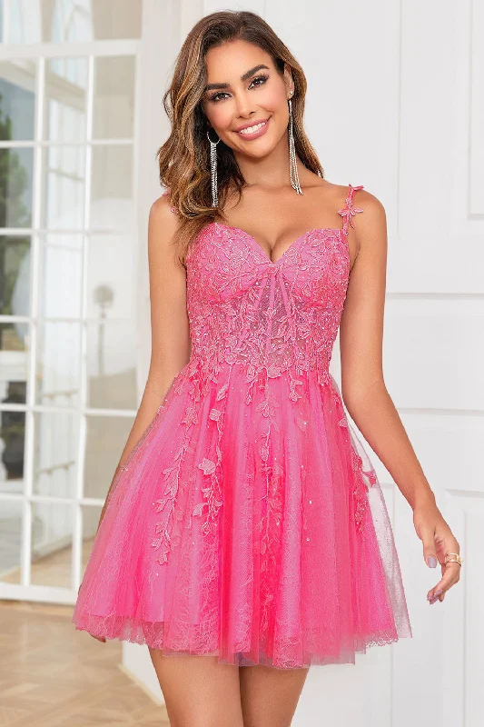 Beach party dresses made of lightweight and breathable fabricStylish A Line Spaghetti Straps Pink Short Prom Dress with Appliques Beach party dresses made of lightweight and breathable fabricStylish A Line Spaghetti Straps Pink Short Prom Dress with Appliques