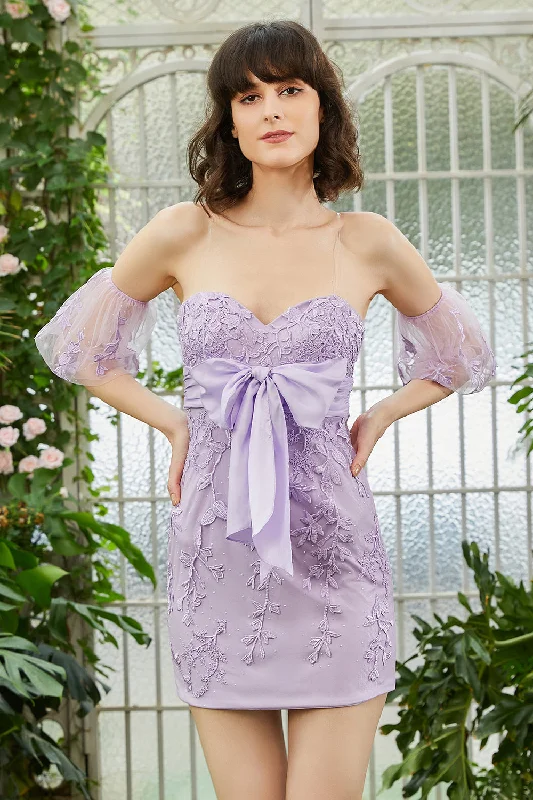Midi - length party dresses for a modest and fashionable choiceSweetheart Purple Short Prom Dress with Appliques Midi - length party dresses for a modest and fashionable choiceSweetheart Purple Short Prom Dress with Appliques