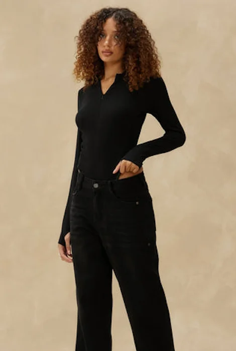 Sleeveless Bodysuits for a Cool and Casual Summer LookKUWALLA TEE PEACHY RIB ZIP UP BODYSUIT - BLACK