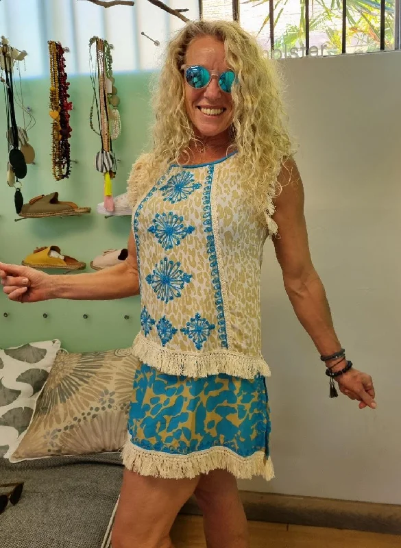 Geometric - pattern cover ups for a modern and trendy appearanceAqua Blue Sleeveless Kaftan Soft Rayon Top Geometric - pattern cover ups for a modern and trendy appearanceAqua Blue Sleeveless Kaftan Soft Rayon Top