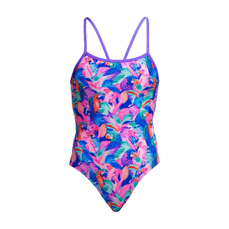 Printed floral women swimwear for a feminine and colorful beach vibeBirds Gone Wild | Ladies Single Strap One Piece Printed floral women swimwear for a feminine and colorful beach vibeBirds Gone Wild | Ladies Single Strap One Piece