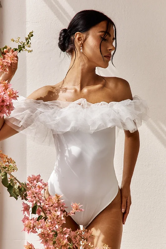 Compression Bodysuits for Post - Workout RecoveryGianni Ruffle Off-Shoulder Bodysuit White Compression Bodysuits for Post - Workout RecoveryGianni Ruffle Off-Shoulder Bodysuit White