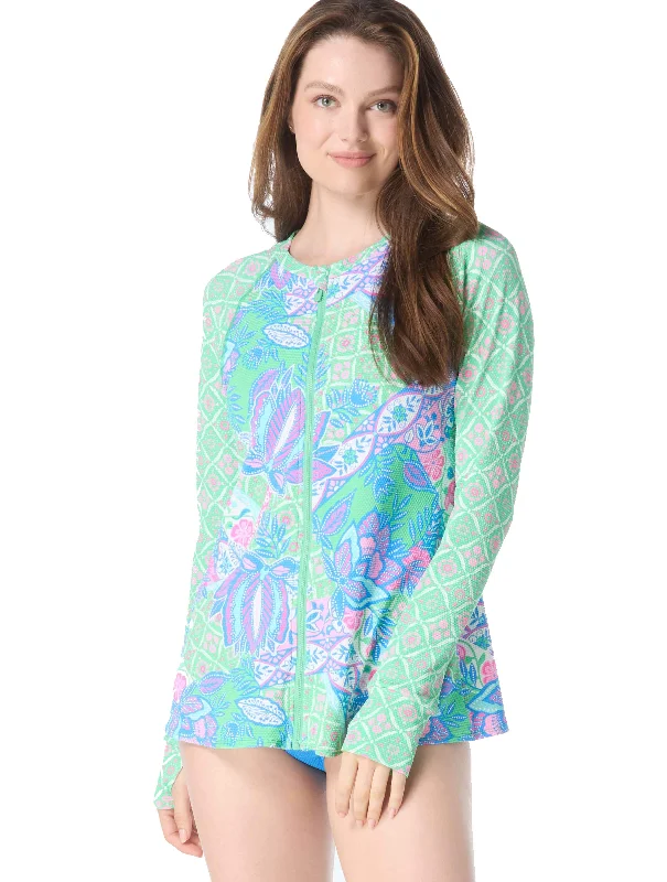 Women's Halter Neck Swim Tops with Tie - Back in Neon Colors for a Bold Summer VibeEstate Mosaic Pique Zip-Front Rash Guard Women's Halter Neck Swim Tops with Tie - Back in Neon Colors for a Bold Summer VibeEstate Mosaic Pique Zip-Front Rash Guard