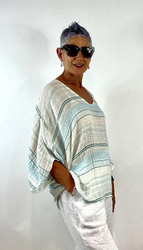 Ruffled - hem cover ups for a cute and feminine lookLa Strada LST21-920 Stripy Kaftan Cheesecloth - Celeste Ruffled - hem cover ups for a cute and feminine lookLa Strada LST21-920 Stripy Kaftan Cheesecloth - Celeste