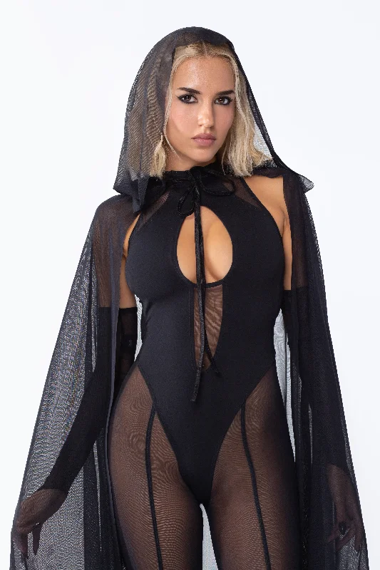 Ruffled Bodysuits with a Playful and Feminine TouchLilith Mesh Sleeveless Romper + Hooded Mesh Cape Ruffled Bodysuits with a Playful and Feminine TouchLilith Mesh Sleeveless Romper + Hooded Mesh Cape
