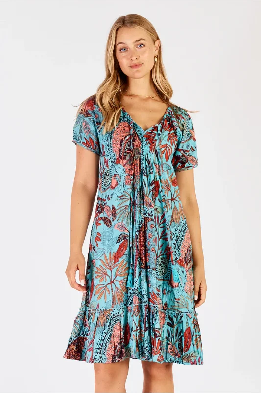 Bohemian - style cover ups for a free - spirited beach aestheticLula Life Gina Shirred Printed Lagoon Dress Bohemian - style cover ups for a free - spirited beach aestheticLula Life Gina Shirred Printed Lagoon Dress