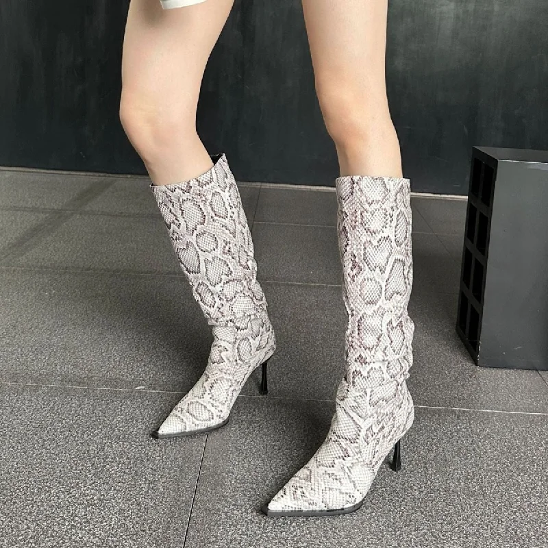 Luxury Women Long Boots Trend 2023 Shoes Fashion Snakeskin Pointed Toe Western Ladies Knee High Boots With Heels Female Shoes