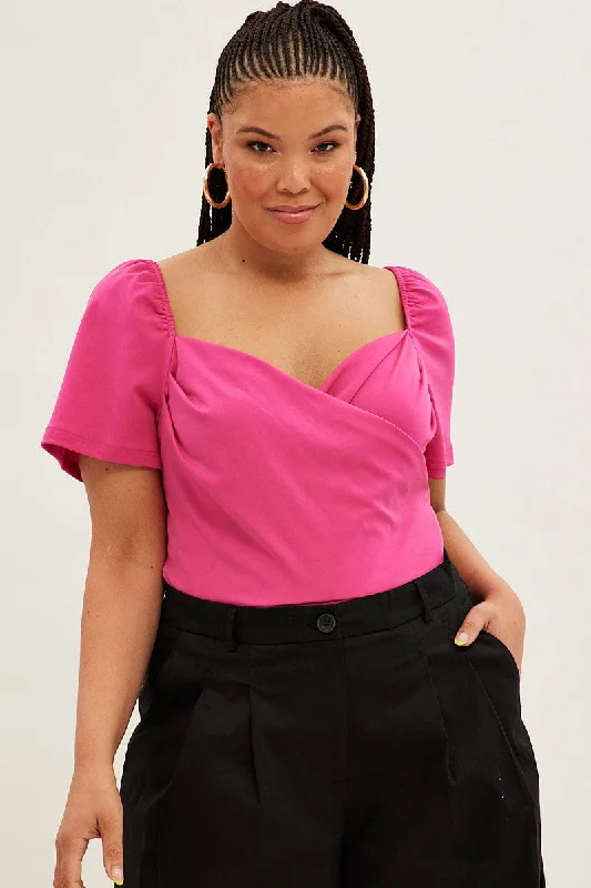 Crop Bodysuits to Pair with High - Waisted BottomsPink Jersey Bodysuit Short Puff Sleeve Crossover Front Crop Bodysuits to Pair with High - Waisted BottomsPink Jersey Bodysuit Short Puff Sleeve Crossover Front