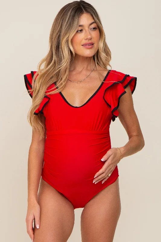 Women's Sleeveless One - Pieces in Yellow with Floral Appliques for a Cheerful and Spring - Like LookRed Color Blocked Ruffle Shoulder Cutout Back Maternity One Piece Swimsuit Women's Sleeveless One - Pieces in Yellow with Floral Appliques for a Cheerful and Spring - Like LookRed Color Blocked Ruffle Shoulder Cutout Back Maternity One Piece Swimsuit