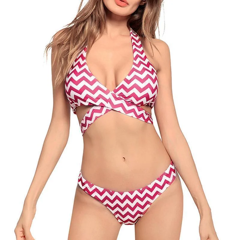 High - waisted women swimwear for a retro and flattering lookStriped Swimwear 2 Piece Swimsuit Red