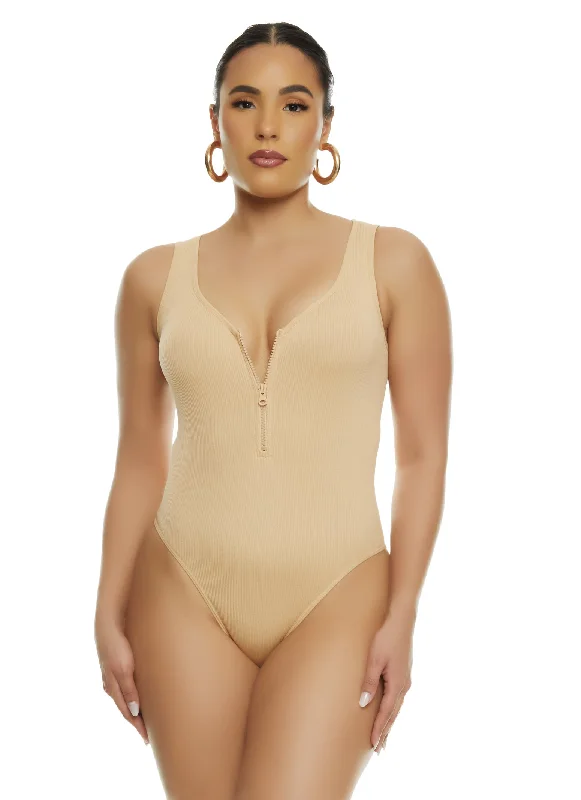 Ruffled Bodysuits with a Playful and Feminine TouchHalf Zip Tank Bodysuit