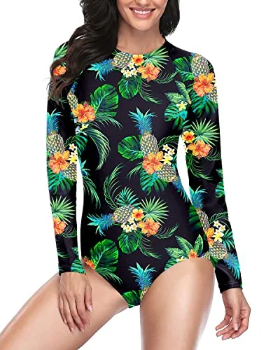 Womens Zipper Surfing Swimsuit Upf 50 Rash Guard Long Sleeve Swimsuit-Black Pineapple Womens Zipper Surfing Swimsuit Upf 50 Rash Guard Long Sleeve Swimsuit-Black Pineapple