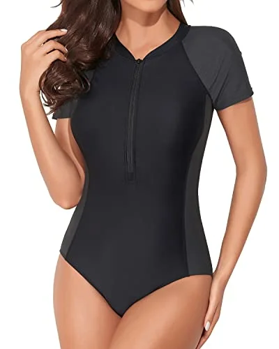 Women's Sleeveless Backless One - Pieces in Black with Cut - Out Details for a Sexy Beach LookWomen's One Piece Zipper Swimsuit Short Sleeve Rash Guard-Black And Gray